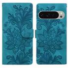 For Google Pixel 9 Pro XL Lace Floral Embossed Magnetic Buckle PU Phone Case With Wrist Strap(Green) - 1