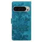 For Google Pixel 9 Pro XL Lace Floral Embossed Magnetic Buckle PU Phone Case With Wrist Strap(Green) - 3
