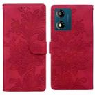 For Motorola Moto E13 Lace Floral Embossed Magnetic Buckle PU Phone Case With Wrist Strap(Red) - 1