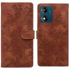 For Motorola Moto E13 Lace Floral Embossed Magnetic Buckle PU Phone Case With Wrist Strap(Brown) - 1