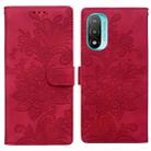 For Motorola Moto E20 Lace Floral Embossed Magnetic Buckle PU Phone Case With Wrist Strap(Red) - 1