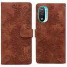 For Motorola Moto E20 Lace Floral Embossed Magnetic Buckle PU Phone Case With Wrist Strap(Brown) - 1