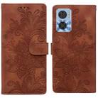 For Motorola Moto E22 / E22i Lace Floral Embossed Magnetic Buckle PU Phone Case With Wrist Strap(Brown) - 1