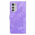 For Motorola Moto E32 4G / E32S Lace Floral Embossed Magnetic Buckle PU Phone Case With Wrist Strap(Purple) - 3