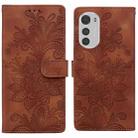 For Motorola Moto E32 4G / E32S Lace Floral Embossed Magnetic Buckle PU Phone Case With Wrist Strap(Brown) - 1