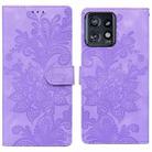 For Motorola Edge+ 2023 Lace Floral Embossed Magnetic Buckle PU Phone Case With Wrist Strap(Purple) - 1