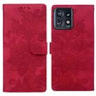 For Motorola Edge+ 2023 Lace Floral Embossed Magnetic Buckle PU Phone Case With Wrist Strap(Red) - 1