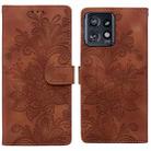 For Motorola Edge+ 2023 Lace Floral Embossed Magnetic Buckle PU Phone Case With Wrist Strap(Brown) - 1