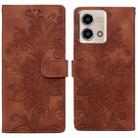 For Motorola Moto G 5G 2023 Lace Floral Embossed Magnetic Buckle PU Phone Case With Wrist Strap(Brown) - 1