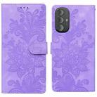 For Motorola Moto G Power 2022 Lace Floral Embossed Magnetic Buckle PU Phone Case With Wrist Strap(Purple) - 1