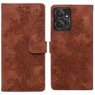 For Motorola Moto G Power 2023 Lace Floral Embossed Magnetic Buckle PU Phone Case With Wrist Strap(Brown) - 1