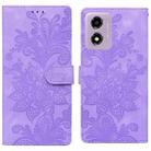 For Motorola Moto G04 / E14 / G24 Lace Floral Embossed Magnetic Buckle PU Phone Case With Wrist Strap(Purple) - 1