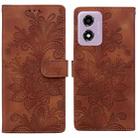 For Motorola Moto G04 / E14 / G24 Lace Floral Embossed Magnetic Buckle PU Phone Case With Wrist Strap(Brown) - 1