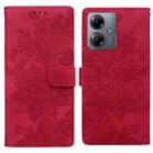 For Motorola Moto G14 Lace Floral Embossed Magnetic Buckle PU Phone Case With Wrist Strap(Red) - 1