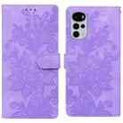 For Motorola Moto G22 Lace Floral Embossed Magnetic Buckle PU Phone Case With Wrist Strap(Purple) - 1