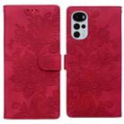 For Motorola Moto G22 Lace Floral Embossed Magnetic Buckle PU Phone Case With Wrist Strap(Red) - 1