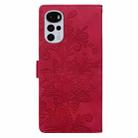 For Motorola Moto G22 Lace Floral Embossed Magnetic Buckle PU Phone Case With Wrist Strap(Red) - 3