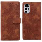 For Motorola Moto G22 Lace Floral Embossed Magnetic Buckle PU Phone Case With Wrist Strap(Brown) - 1