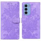 For Motorola Moto G31 Lace Floral Embossed Magnetic Buckle PU Phone Case With Wrist Strap(Purple) - 1