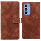 For Motorola Moto G31 Lace Floral Embossed Magnetic Buckle PU Phone Case With Wrist Strap(Brown) - 1