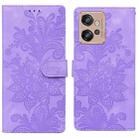 For Motorola Moto G32 Lace Floral Embossed Magnetic Buckle PU Phone Case With Wrist Strap(Purple) - 1