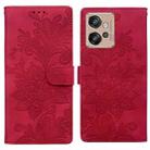 For Motorola Moto G32 Lace Floral Embossed Magnetic Buckle PU Phone Case With Wrist Strap(Red) - 1