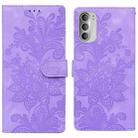 For Motorola Moto G51 5G Lace Floral Embossed Magnetic Buckle PU Phone Case With Wrist Strap(Purple) - 1