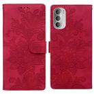 For Motorola Moto G51 5G Lace Floral Embossed Magnetic Buckle PU Phone Case With Wrist Strap(Red) - 1