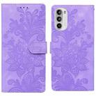 For Motorola Moto G52 4G / G82 Lace Floral Embossed Magnetic Buckle PU Phone Case With Wrist Strap(Purple) - 1