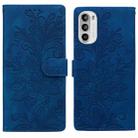 For Motorola Moto G52 4G / G82 Lace Floral Embossed Magnetic Buckle PU Phone Case With Wrist Strap(Blue) - 1