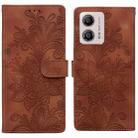 For Motorola Moto G53 / G13 / G23 Lace Floral Embossed Magnetic Buckle PU Phone Case With Wrist Strap(Brown) - 1