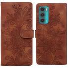 For Motorola Moto G60 Lace Floral Embossed Magnetic Buckle PU Phone Case With Wrist Strap(Brown) - 1