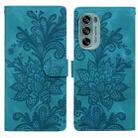 For Motorola Moto G62 5G Lace Floral Embossed Magnetic Buckle PU Phone Case With Wrist Strap(Green) - 1