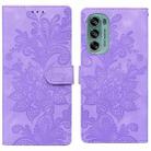 For Motorola Moto G62 5G Lace Floral Embossed Magnetic Buckle PU Phone Case With Wrist Strap(Purple) - 1