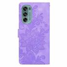 For Motorola Moto G62 5G Lace Floral Embossed Magnetic Buckle PU Phone Case With Wrist Strap(Purple) - 3