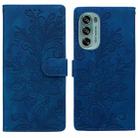 For Motorola Moto G62 5G Lace Floral Embossed Magnetic Buckle PU Phone Case With Wrist Strap(Blue) - 1