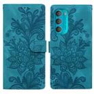 For Motorola Moto G71 5G Lace Floral Embossed Magnetic Buckle PU Phone Case With Wrist Strap(Green) - 1