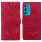 For Motorola Moto G71 5G Lace Floral Embossed Magnetic Buckle PU Phone Case With Wrist Strap(Red) - 1