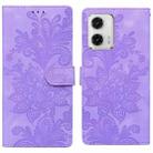 For Motorola Moto G73 Lace Floral Embossed Magnetic Buckle PU Phone Case With Wrist Strap(Purple) - 1