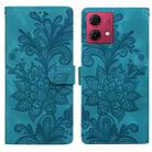 For Motorola Moto G84 Lace Floral Embossed Magnetic Buckle PU Phone Case With Wrist Strap(Green) - 1