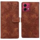 For Motorola Moto G84 Lace Floral Embossed Magnetic Buckle PU Phone Case With Wrist Strap(Brown) - 1