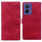 For Motorola Moto G85 Lace Floral Embossed Magnetic Buckle PU Phone Case With Wrist Strap(Red) - 1