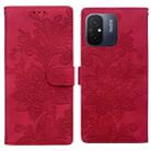 For Redmi 11A / 12C Lace Floral Embossed Magnetic Buckle PU Phone Case With Wrist Strap(Red) - 1