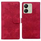 For Redmi 13C Lace Floral Embossed Magnetic Buckle PU Phone Case With Wrist Strap(Red) - 1