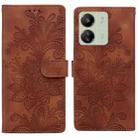 For Redmi 13C Lace Floral Embossed Magnetic Buckle PU Phone Case With Wrist Strap(Brown) - 1