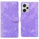For Redmi Note 12 Pro+ 5G Global Lace Floral Embossed Magnetic Buckle PU Phone Case With Wrist Strap(Purple) - 1