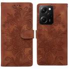 For Redmi Note 12 Pro 5G Global Lace Floral Embossed Magnetic Buckle PU Phone Case With Wrist Strap(Brown) - 1