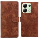 For Redmi Note 13 4G Lace Floral Embossed Magnetic Buckle PU Phone Case With Wrist Strap(Brown) - 1