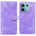 For Redmi Note 13 5G Lace Floral Embossed Magnetic Buckle PU Phone Case With Wrist Strap(Purple) - 1