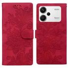 For Redmi Note 13 Pro+ Lace Floral Embossed Magnetic Buckle PU Phone Case With Wrist Strap(Red) - 1